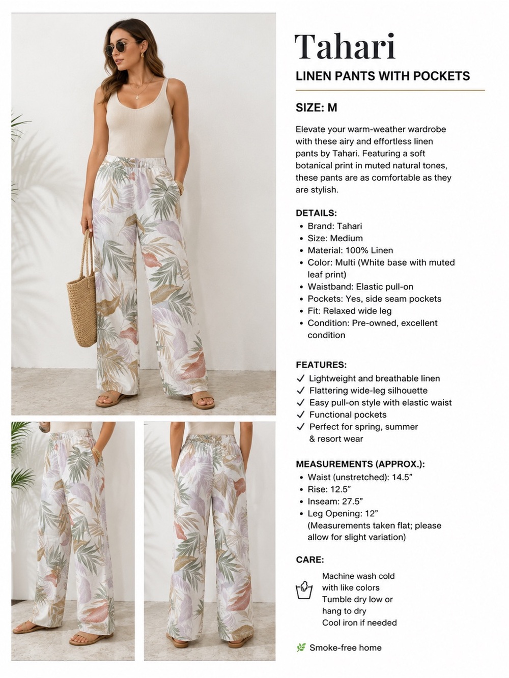 Tahari Linen Pants White With Soft Botanical Print In Muted Natural Tones Sz Med